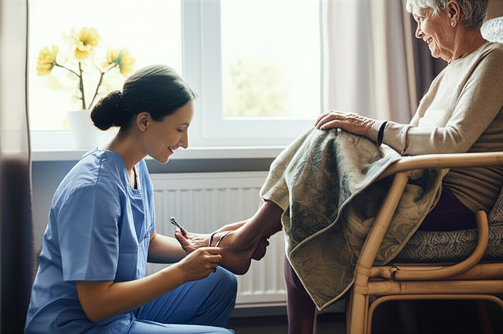 Professional registered nurse providing foot care services